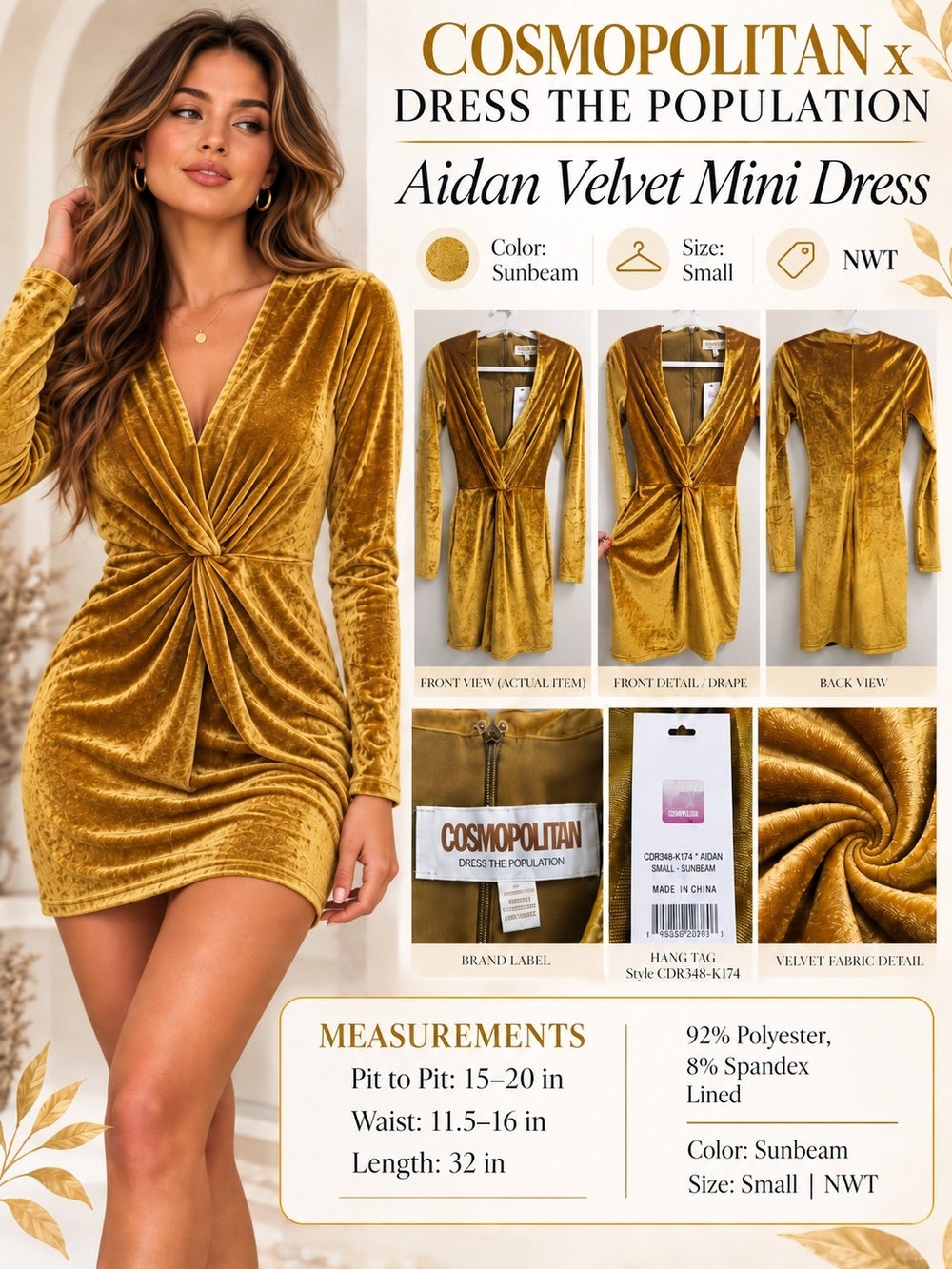 NWT Cosmopolitan x Dress the Population Aidan Gold Velvet Mini Dress Small BF